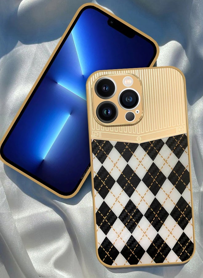 CATANES Luxury Gold Plated Case for iPhone 13 Pro - Hybrid Electroplated Frame Back Cover with Carbon Fiber Texture - Rhombus Pattern Black White - Image 3