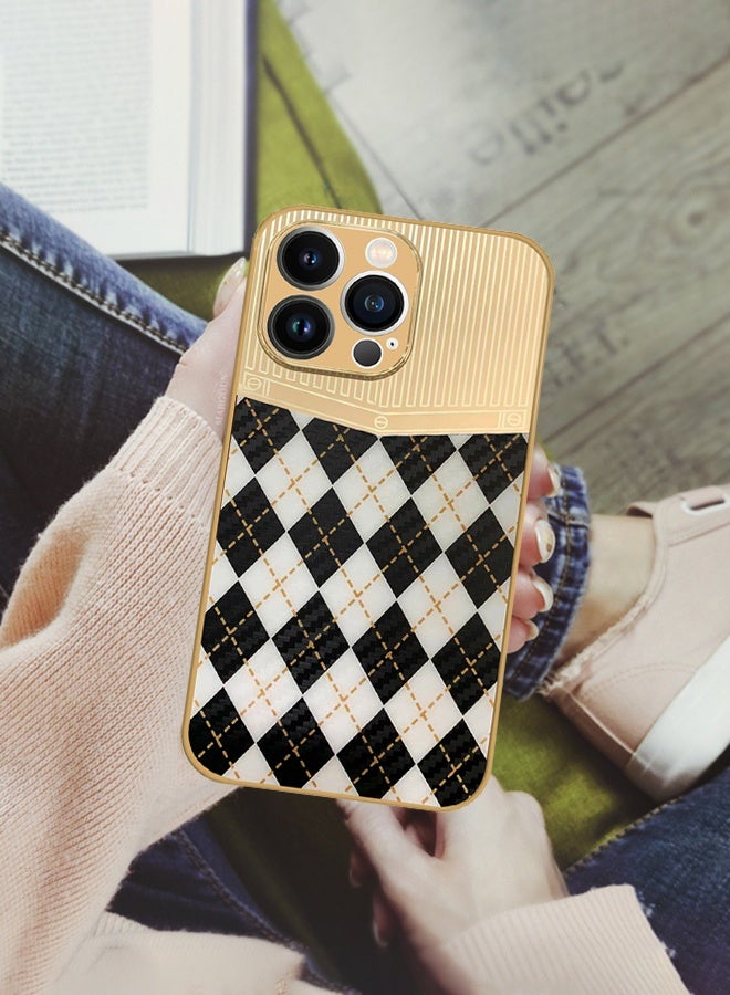 CATANES Luxury Gold Plated Case for iPhone 13 Pro - Hybrid Electroplated Frame Back Cover with Carbon Fiber Texture - Rhombus Pattern Black White - Image 2