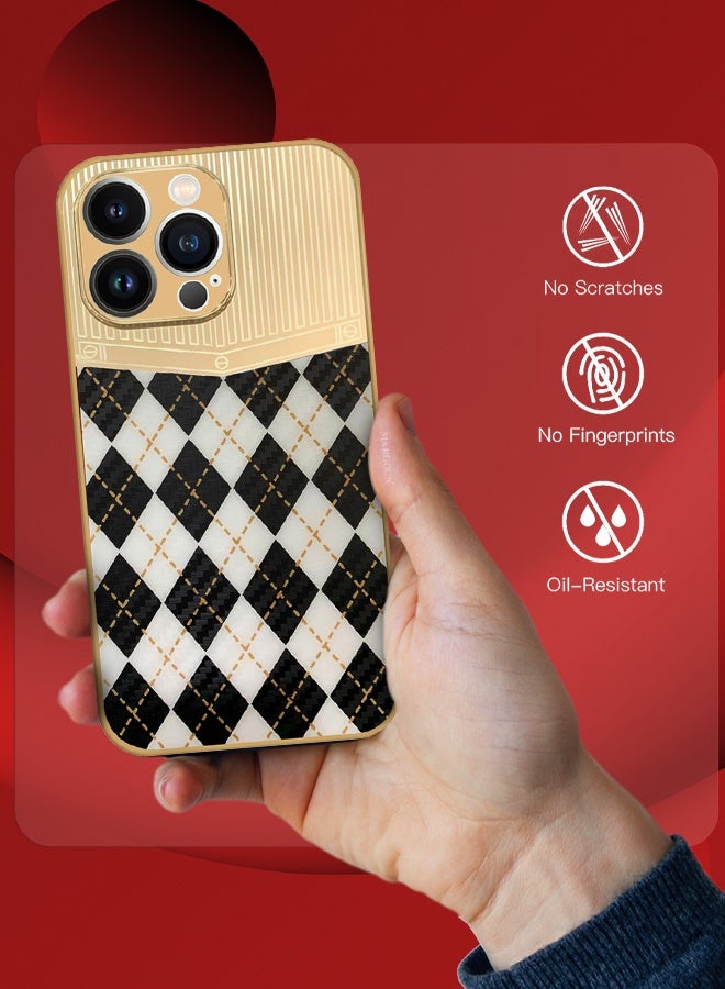 CATANES Luxury Gold Plated Case for iPhone 13 Pro - Hybrid Electroplated Frame Back Cover with Carbon Fiber Texture - Rhombus Pattern Black White - Image 5