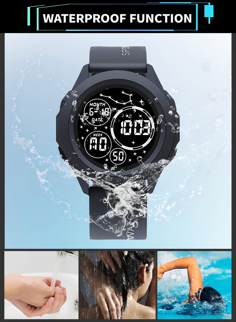 Kids Digital Sports Watch with Luminous Display Time Date Alarm Stopwatch Water Resistant Electronic Watch for Boys Girls Round LED Screen - Image 3