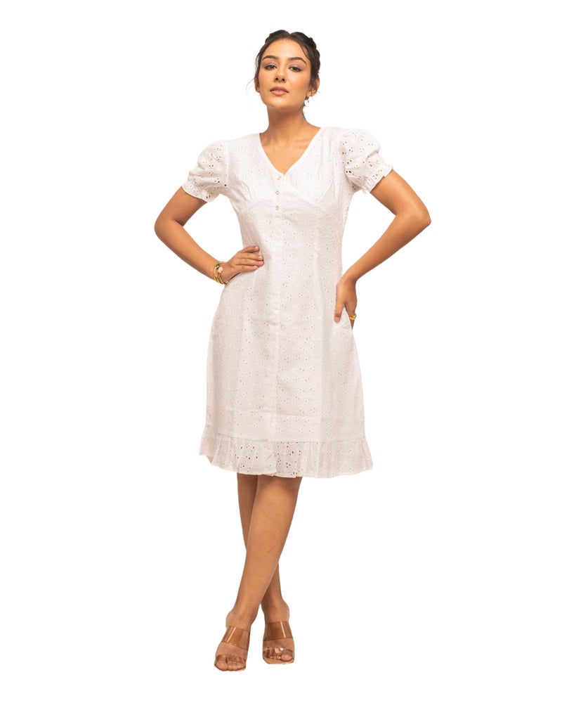 FIORRA Women's White Schiffli Work Cotton Skater Dress DR0013 - Image 1