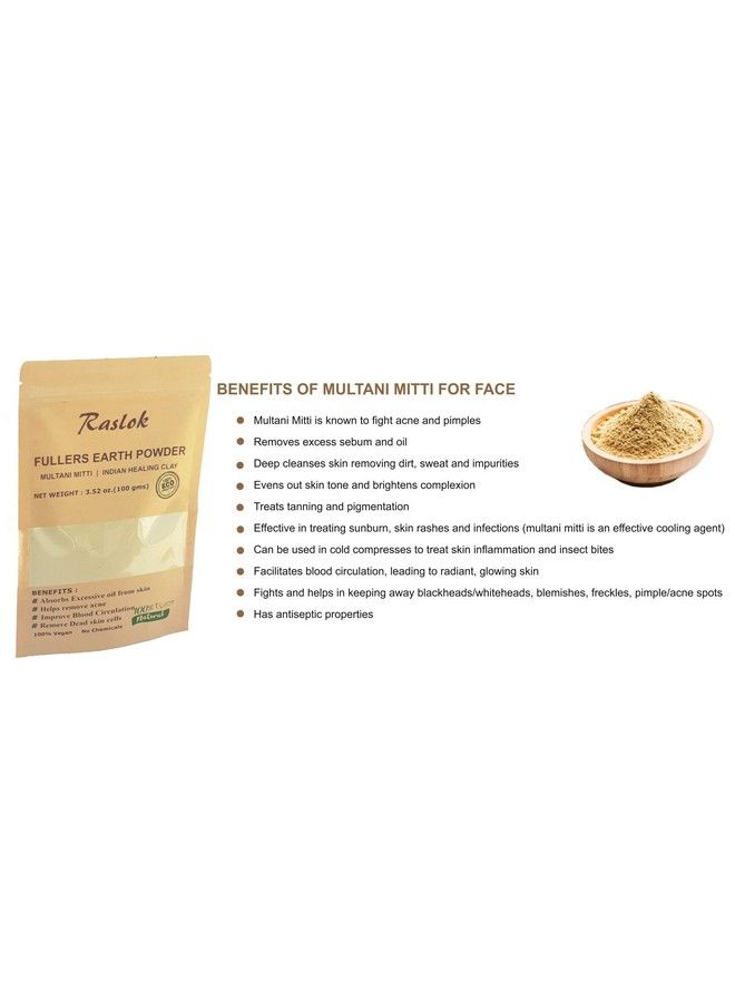 Raslok 100% Pure Fullers Earth Powder | Multani Mitti Organic For Face| Bentonite Clay Mask| No Added Fragrance| Natural Face Mask Mud Mask Pack (3.52 Oz.) | Multani Matti Powder | Indian Healing Clay  - Image 5