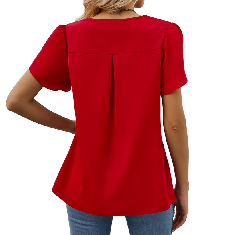 Funlingo Womens Tops Petal Short Sleeve V Neck Dressy Elegant Work Blouse Plus Size Summer Casual Loose Fit Tunic Tops for Leggings Red 3XL - Image 5