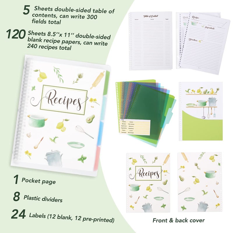 SOLIGT Recipe Book to Write in Your Own Recipes, 8.5" x 11" Personal Blank Recipe Notebook, Removable Hardcover Recipe Journal Book Binder with 8 Dividers and 24 Tabs, Hold up to 240 Recipes - Image 2