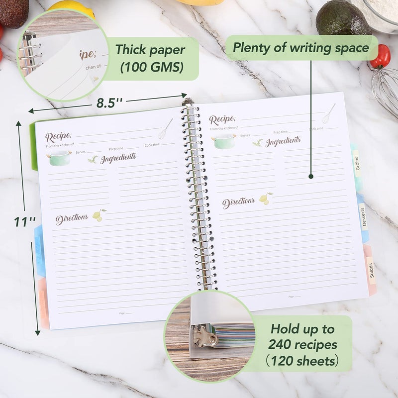 SOLIGT Recipe Book to Write in Your Own Recipes, 8.5" x 11" Personal Blank Recipe Notebook, Removable Hardcover Recipe Journal Book Binder with 8 Dividers and 24 Tabs, Hold up to 240 Recipes - Image 4