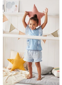 Kids Girl Gingham Woven Short, Light Blue and White
