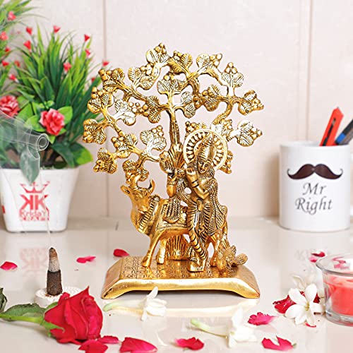 KridayKraft Metal Krishna Idol Statue with kamdhenu Cow Standing Under Tree Showpiece Figurine for Pooja Room & Gift,Decorative Religious Statue for Home,Office & Table... - Image 1