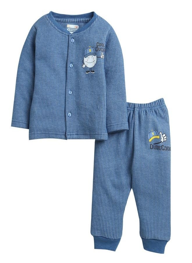 BUMZEE طقم ملابس داخلية قطنية حرارية بأكمام طويلة للأولاد من بامزي باللون الأزرق النيلي، مكون من قميص داخلي وبنطال رياضي، مناسب للأعمار من 0 إلى 3 أشهر (Peb9631B-ibl) - Image 1