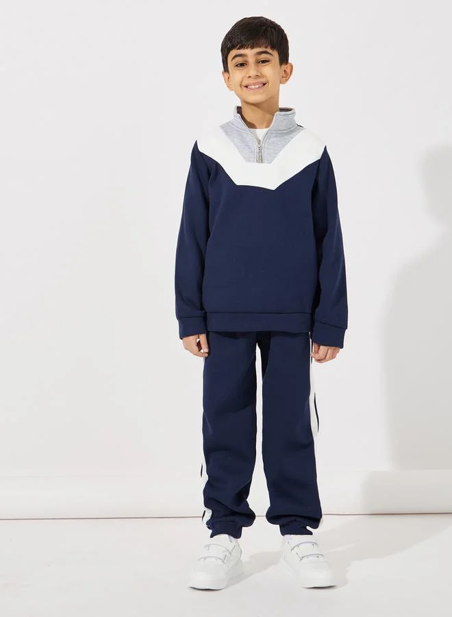 Styli Color Block Zip Neck Sweatshirt & Piping Joggers Set