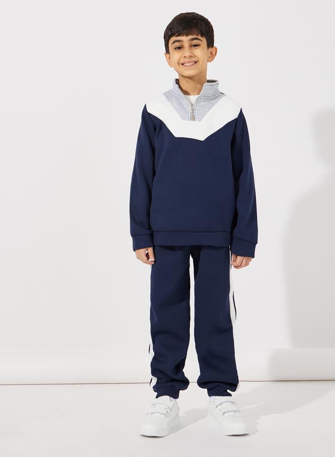 Styli Color Block Zip Neck Sweatshirt & Piping Joggers Set  - Image 1