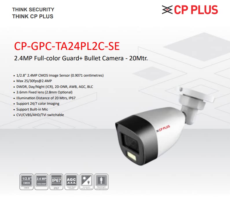 CP PLUS سي بي بلس 2.4 ميجابكسل حارس كامل الألوان + كاميرا بوليت لاسلكية تدعم الميكروفون المدمج (CP-GPC-TA24PL2C-SE) كاميرات تناظرية عالية الدقة - Image 2