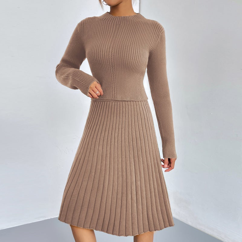 Elegant Knit Sweater Skirt Set Autumn Winter Khaki A- line skirt