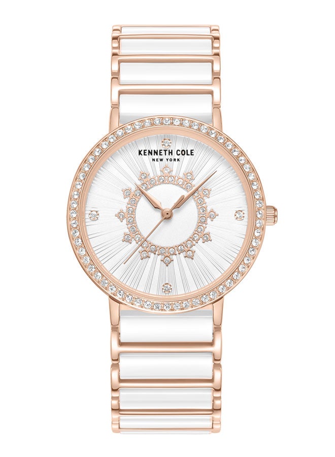 Kenneth Cole New York Kenneth Cole New York 36mm Analog Women's Watch with White Dial & White, Rose Gold Ceramic-Stainless Steel Bracelet - Image 1