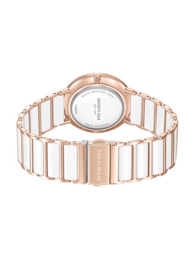 Kenneth Cole New York Kenneth Cole New York 36mm Analog Women's Watch with White Dial & White, Rose Gold Ceramic-Stainless Steel Bracelet - Image 3