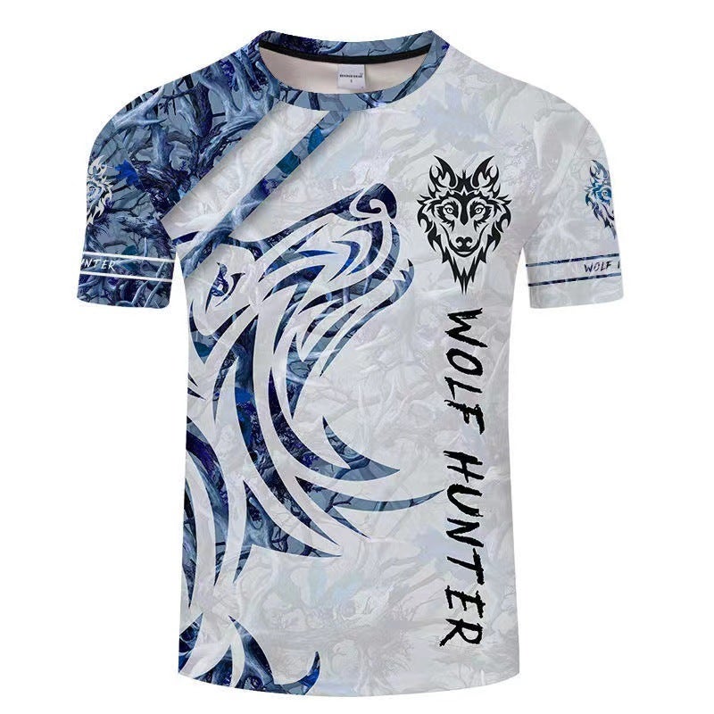 E-Commerce 3D Digital Printing Blue Wolf Totem T-Shirt Casual Loose Fashion Sports Men'S A Generation Of Hair - Image 1