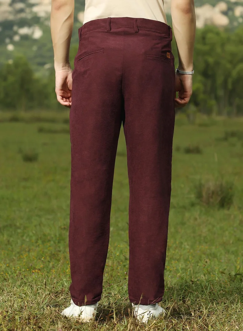 Campus Sutra  Men's Burgundy Red Velvique Tailored Trousers For Casual Wear | Mid-Rise | Regular Fit | Button Closure | Trousers Crafted With Comfort Fit For Everyday Wear for Men | Best Price UAE