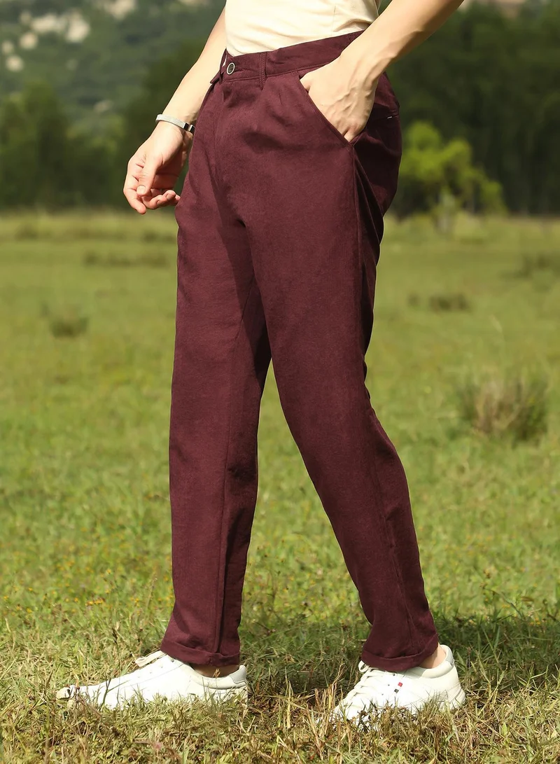 Campus Sutra  Men's Burgundy Red Velvique Tailored Trousers For Casual Wear | Mid-Rise | Regular Fit | Button Closure | Trousers Crafted With Comfort Fit For Everyday Wear for Men | Best Price UAE