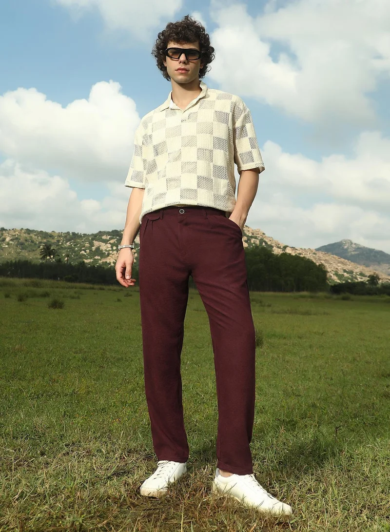 Campus Sutra  Men's Burgundy Red Velvique Tailored Trousers For Casual Wear | Mid-Rise | Regular Fit | Button Closure | Trousers Crafted With Comfort Fit For Everyday Wear for Men | Best Price UAE