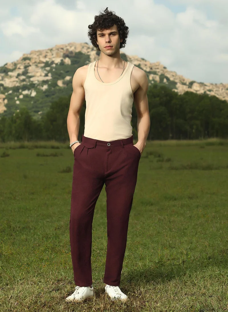 Campus Sutra  Men's Burgundy Red Velvique Tailored Trousers For Casual Wear | Mid-Rise | Regular Fit | Button Closure | Trousers Crafted With Comfort Fit For Everyday Wear for Men | Best Price UAE