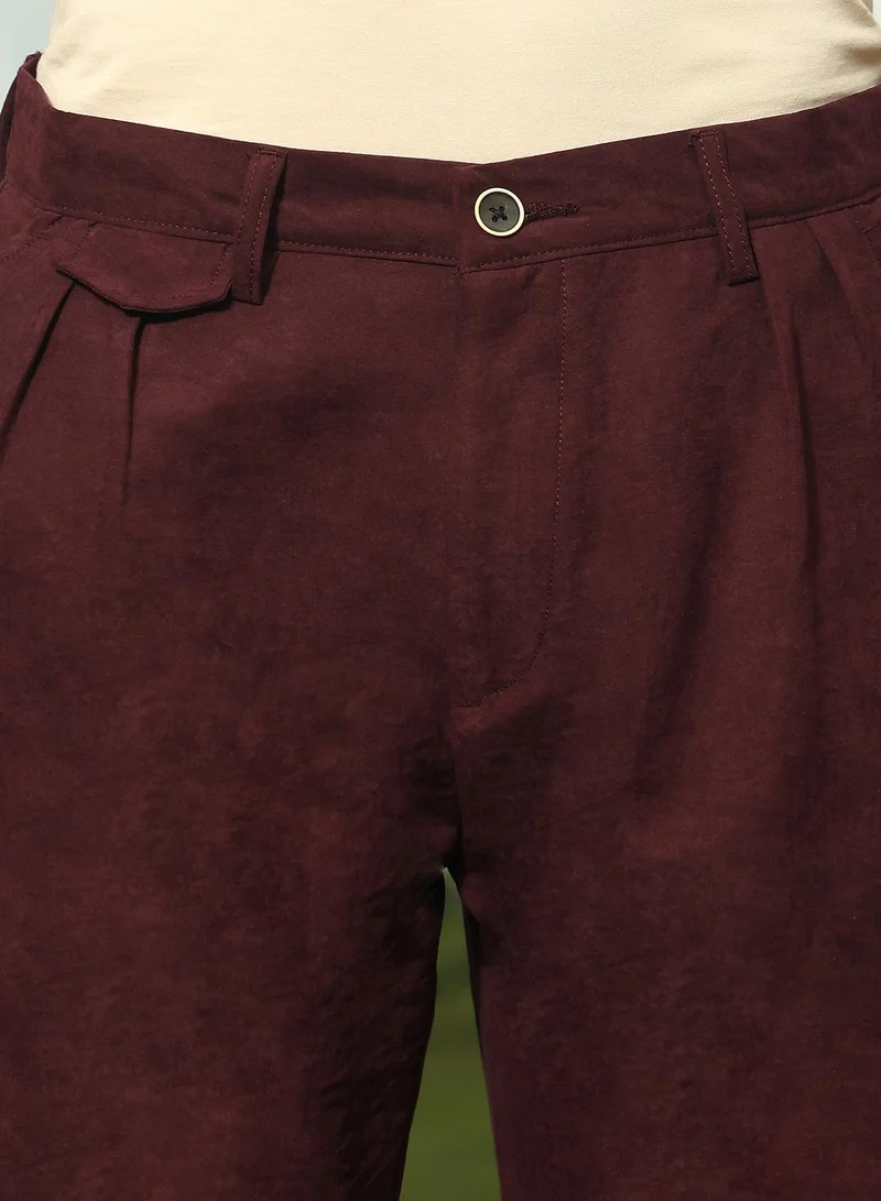 Campus Sutra  Men's Burgundy Red Velvique Tailored Trousers For Casual Wear | Mid-Rise | Regular Fit | Button Closure | Trousers Crafted With Comfort Fit For Everyday Wear for Men | Best Price UAE