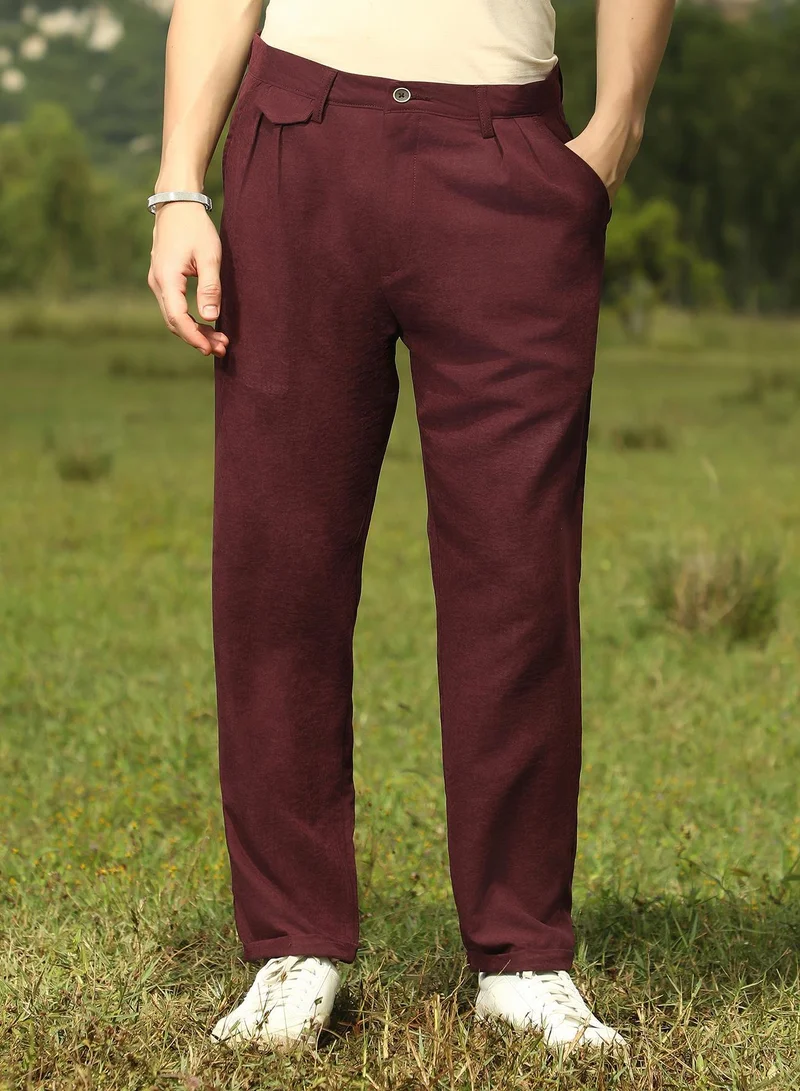 Campus Sutra Men's Burgundy Red Velvique Tailored Trousers For Casual Wear | Mid-Rise | Regular Fit | Button Closure | Trousers Crafted With Comfort Fit For Everyday Wear