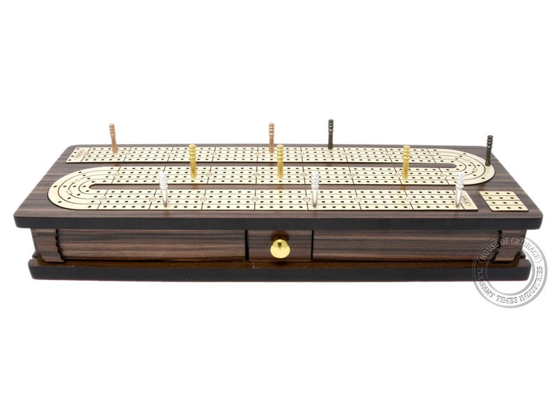 House of Cribbage - Continuous Cribbage Board Inlaid 4 Tracks Rosewood/Maple with Sliding Lids and Drawer - Image 4