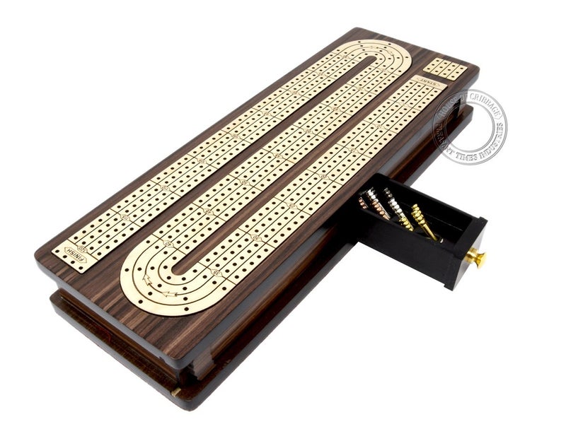 House of Cribbage - Continuous Cribbage Board Inlaid 4 Tracks Rosewood/Maple with Sliding Lids and Drawer - Image 3