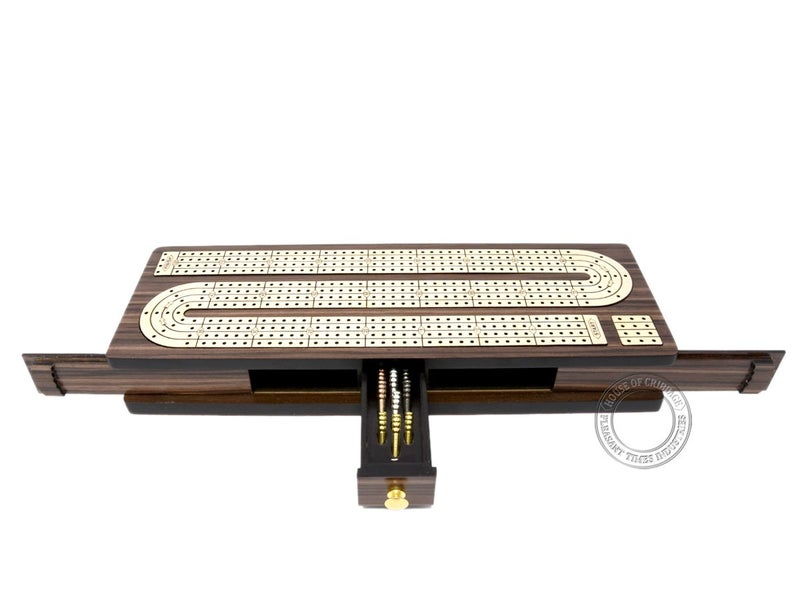 House of Cribbage - Continuous Cribbage Board Inlaid 4 Tracks Rosewood/Maple with Sliding Lids and Drawer - Image 2