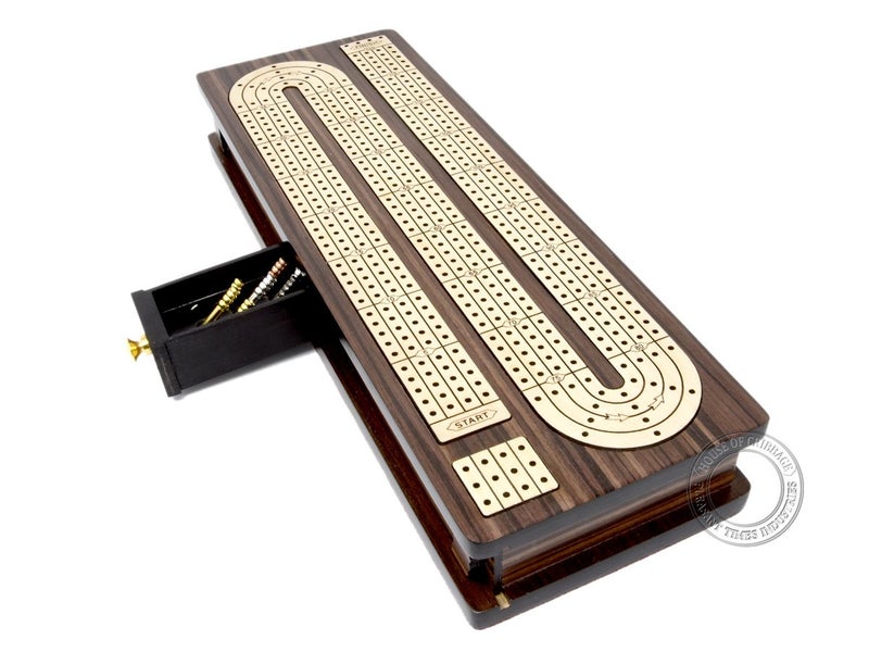 House of Cribbage - Continuous Cribbage Board Inlaid 4 Tracks Rosewood/Maple with Sliding Lids and Drawer - Image 1