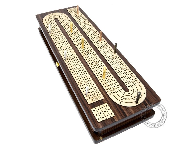 House of Cribbage - Continuous Cribbage Board Inlaid 4 Tracks Rosewood/Maple with Sliding Lids and Drawer - Image 5