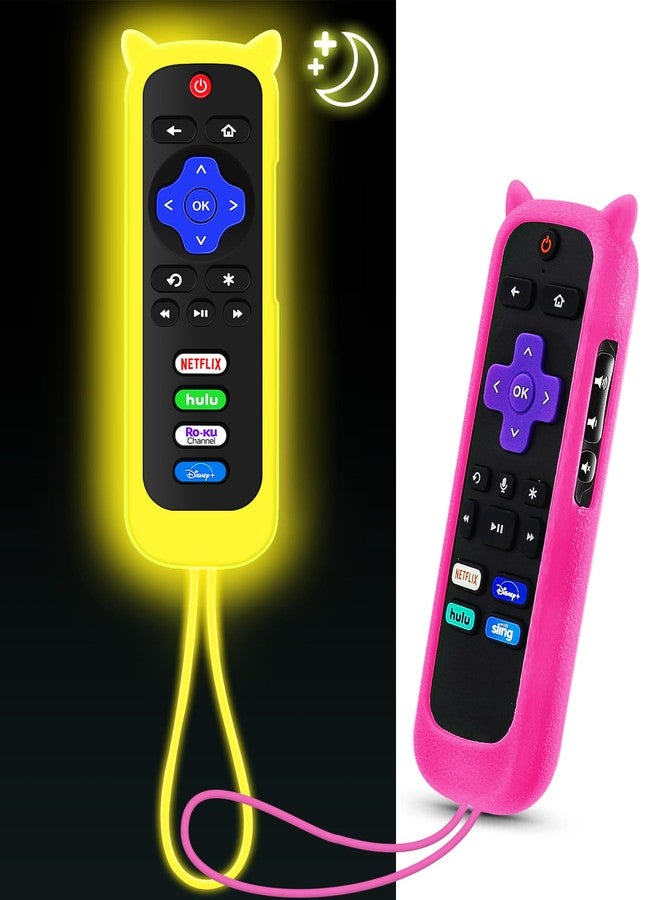 ONEBOM 2Pack Cover for Roku Remote with Cat Ears Design, Silicone Skin Case Fit with Hisense/TCL Roku TV, Steaming Stick/Express, Universal Replacement Controller. Glow in The Dark,Yellow/Rosered - Image 1