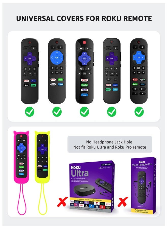 ONEBOM 2Pack Cover for Roku Remote with Cat Ears Design, Silicone Skin Case Fit with Hisense/TCL Roku TV, Steaming Stick/Express, Universal Replacement Controller. Glow in The Dark,Yellow/Rosered - Image 2