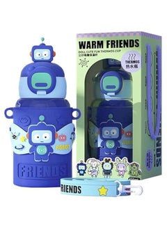 Cute Insulated Water Bottle with Straw Strap Kids,15 oz Metal Cups for Hot and Cold Drinks,BPA Free Thermoses Leak-proof Flask for Boys and Girls School Indoor Outdoor Sports (Blue)