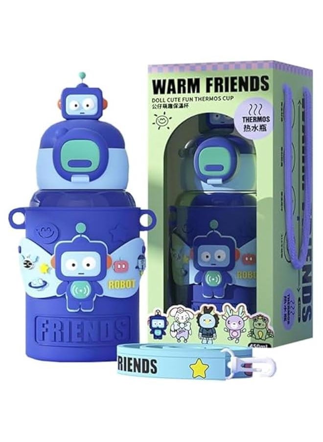 MIXDE - Cute Insulated Water Bottle with Straw Strap Kids,15 oz Metal Cups for Hot and Cold Drinks,BPA Free Thermoses Leak-proof Flask for Boys and Girls School Indoor Outdoor Sports (Blue) - Image 1