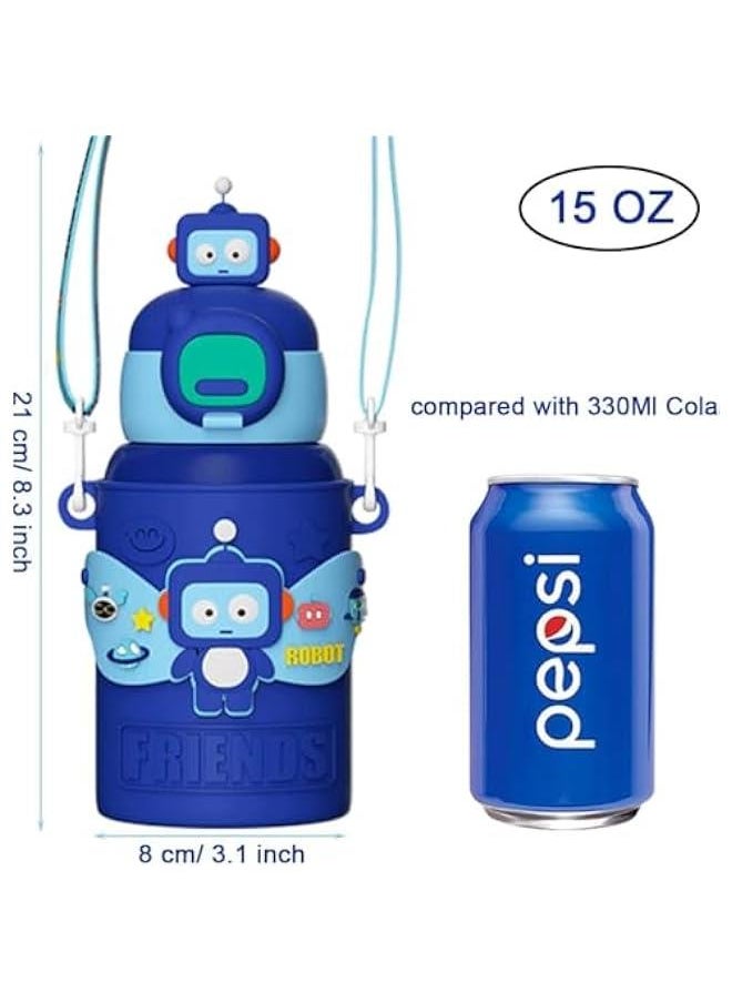 MIXDE - Cute Insulated Water Bottle with Straw Strap Kids,15 oz Metal Cups for Hot and Cold Drinks,BPA Free Thermoses Leak-proof Flask for Boys and Girls School Indoor Outdoor Sports (Blue) - Image 1