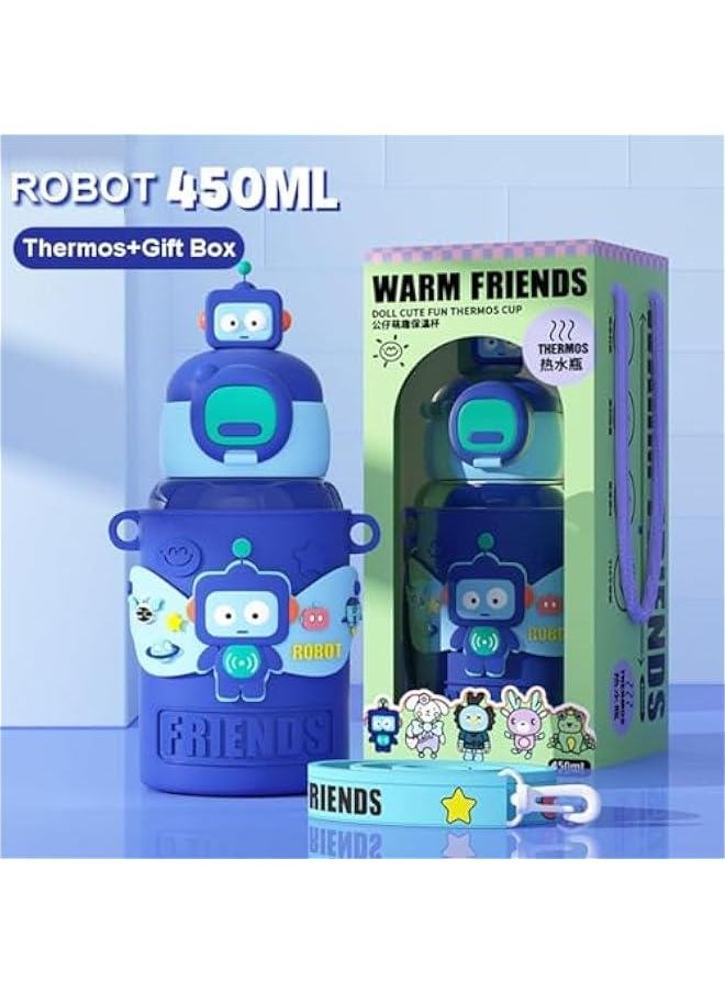 MIXDE - Cute Insulated Water Bottle with Straw Strap Kids,15 oz Metal Cups for Hot and Cold Drinks,BPA Free Thermoses Leak-proof Flask for Boys and Girls School Indoor Outdoor Sports (Blue) - Image 1