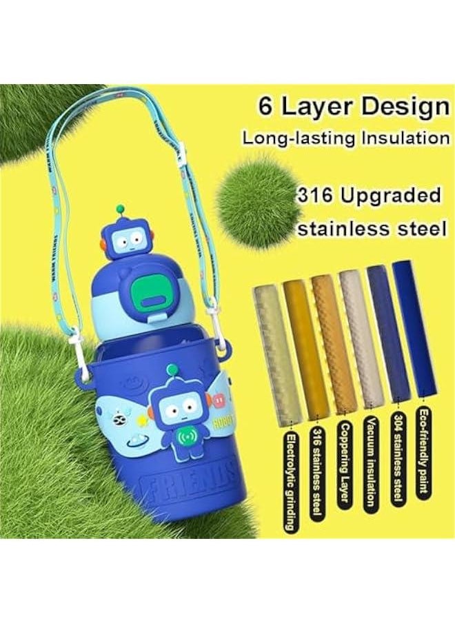 MIXDE - Cute Insulated Water Bottle with Straw Strap Kids,15 oz Metal Cups for Hot and Cold Drinks,BPA Free Thermoses Leak-proof Flask for Boys and Girls School Indoor Outdoor Sports (Blue) - Image 1