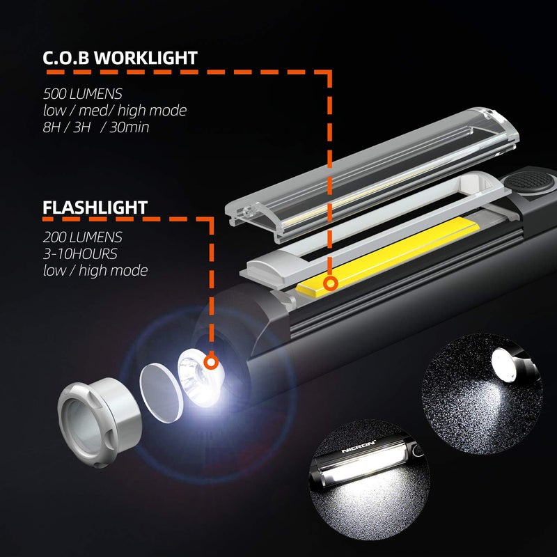 NICRON مصباح العمل NICRON فلاشلايت محمول بقاعدة مغناطيسية، 500 لومن ضوء فحص قلم 5 أوضاع شعاع LED WL15 فلاشلايت يدوي LED 3*AAA لإصلاح السيارات، الاستخدام المنزلي والخارجي - Image 2