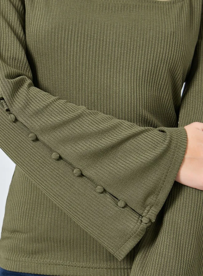 Styli  Styli Olive Square Neck Ribbed Knit Top for Women | Best Price UAE