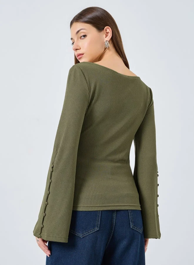 Styli  Styli Olive Square Neck Ribbed Knit Top for Women | Best Price UAE