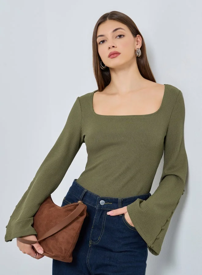 Styli  Styli Olive Square Neck Ribbed Knit Top for Women | Best Price UAE
