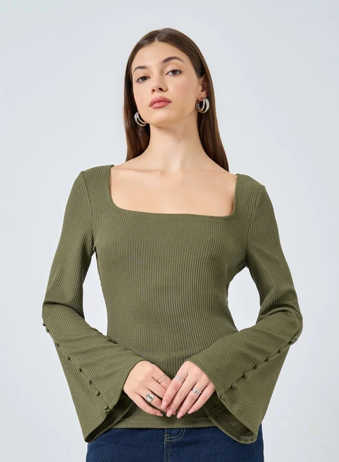 Styli Olive Square Neck Ribbed Knit Top