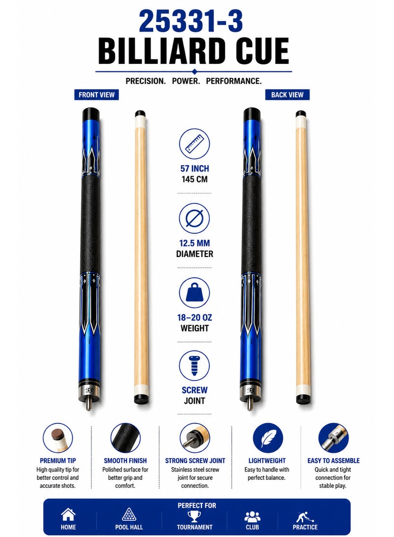 25331-3 Professional Billiard Cue Stick 57 Inch / 145CM Wooden Pool Cue With Premium Tip & Screw Joint Blue Black Design - Image 2