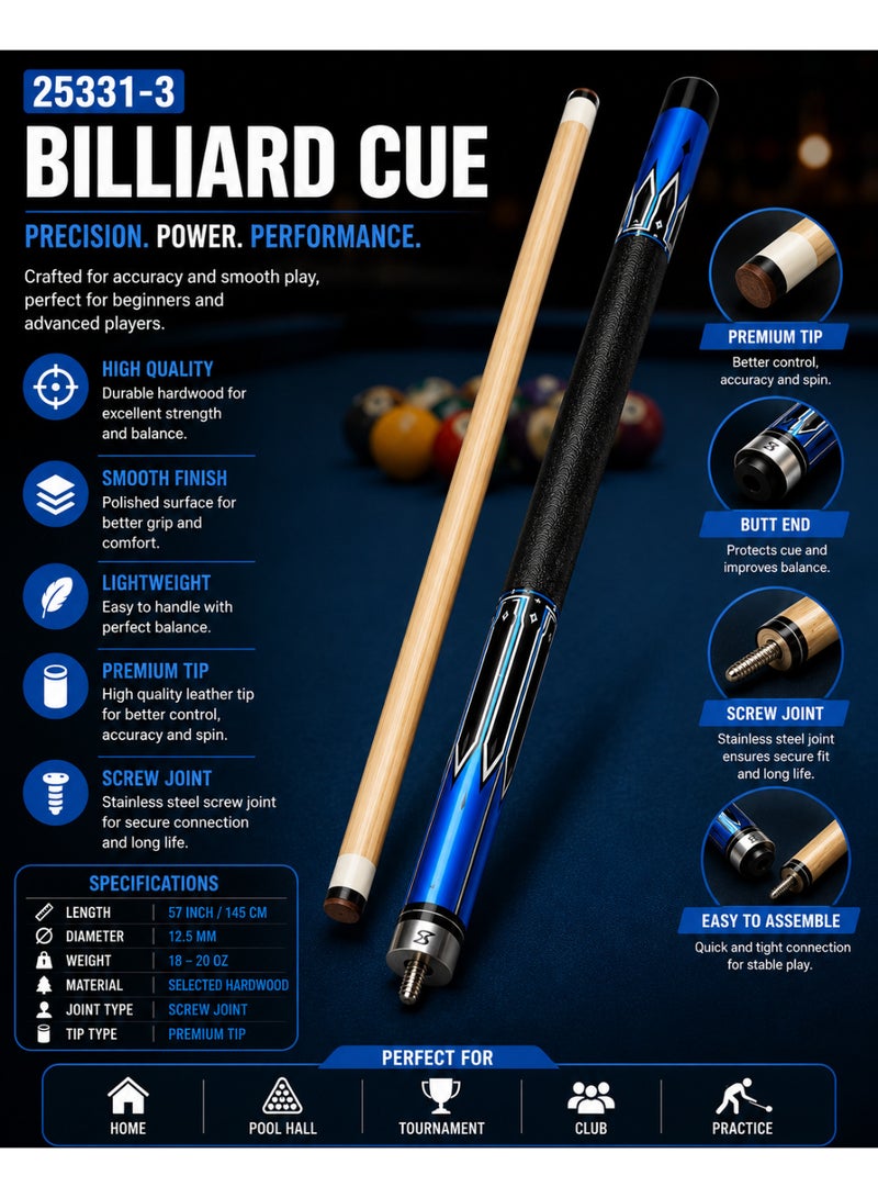 25331-3 Professional Billiard Cue Stick 57 Inch / 145CM Wooden Pool Cue With Premium Tip & Screw Joint Blue Black Design - Image 5