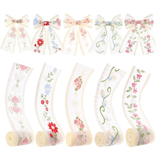 AIETSYEI Mesh Lace Trim Ribbon 5 * 2 Yards Yards Embroidery Floral Sewing Lace Trim Mesh Tulle Ribbon for Bridal Wedding Decorations - Image 1