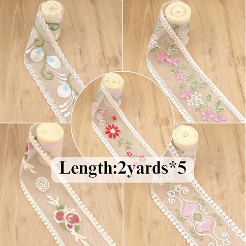 AIETSYEI Mesh Lace Trim Ribbon 5 * 2 Yards Yards Embroidery Floral Sewing Lace Trim Mesh Tulle Ribbon for Bridal Wedding Decorations - Image 2