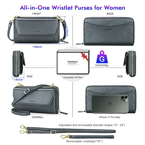 nuoku Womens RFID Wallet Purse Wristlet Crossbody Clutch with Zip Around 2 Strap (Iron Gray) - Image 4