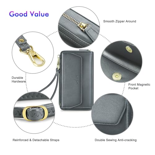 nuoku Womens RFID Wallet Purse Wristlet Crossbody Clutch with Zip Around 2 Strap (Iron Gray) - Image 5