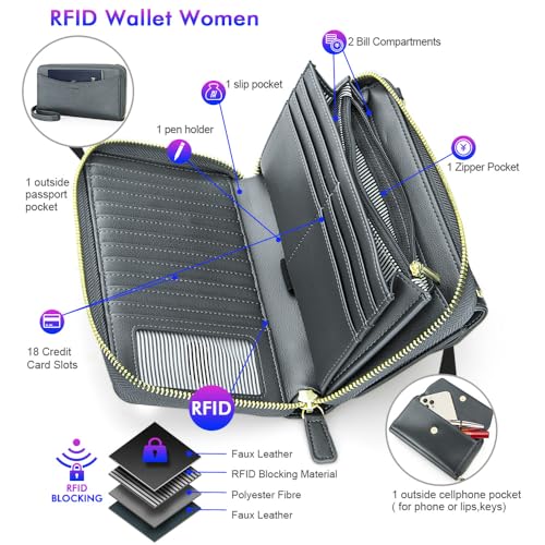 nuoku Womens RFID Wallet Purse Wristlet Crossbody Clutch with Zip Around 2 Strap (Iron Gray) - Image 3