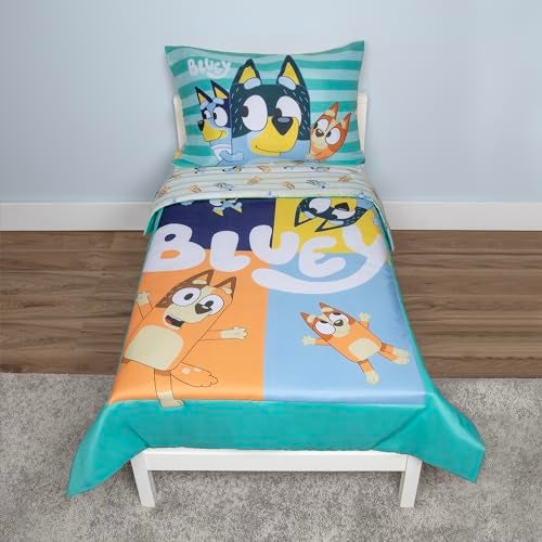 Bluey 4 Piece Toddler Bedding Set – Includes Comforter, Sheet Set – Fitted Top Sheet Reversible Pillowcase for Boys or Girls Bed, Blue - Image 1